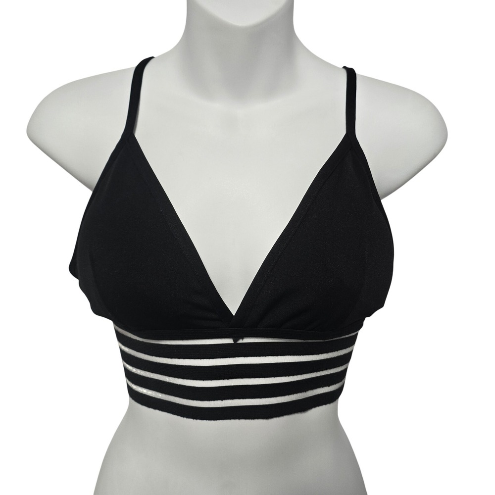 Womens Black Triangle Bralette M‎ Striped Band Soft Stretch Mesh Padded
